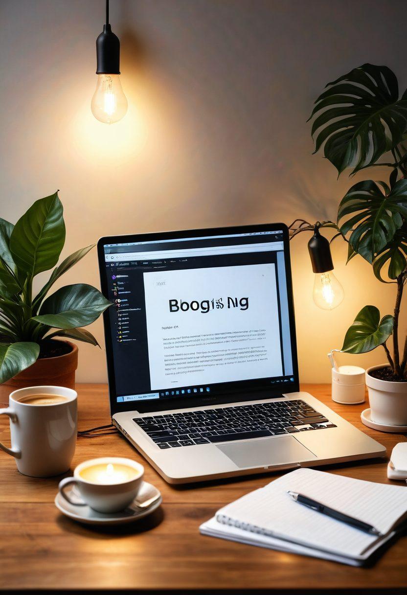 An open laptop displaying a beautifully designed blog page, surrounded by lightbulbs symbolizing ideas, a steaming coffee cup on one side, and a notepad filled with notes on blogging tips on the other. The background features a serene workspace with warm ambient lighting, inspiring quotes framed on the walls, and houseplants for a fresh touch. super-realistic. vibrant colors. cozy ambiance.