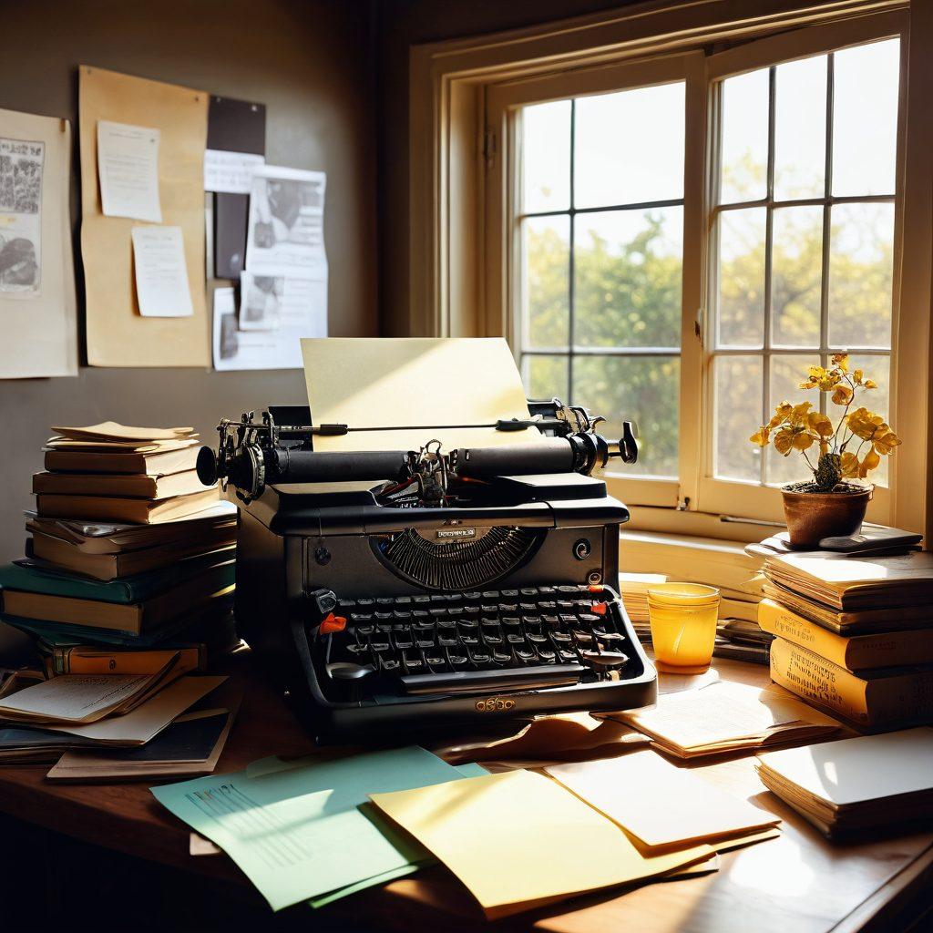 A dynamic and engaging workspace scene showcasing a writer at a vintage typewriter, surrounded by crumpled papers and vibrant books, illuminated by warm sunlight streaming through a large window. In the background, a chalkboard filled with brainstorming ideas and colorful post-it notes, symbolizing creativity and process. The atmosphere should convey inspiration and determination, inviting the viewer to dive into the world of content creation. super-realistic. vibrant colors. cozy ambiance.