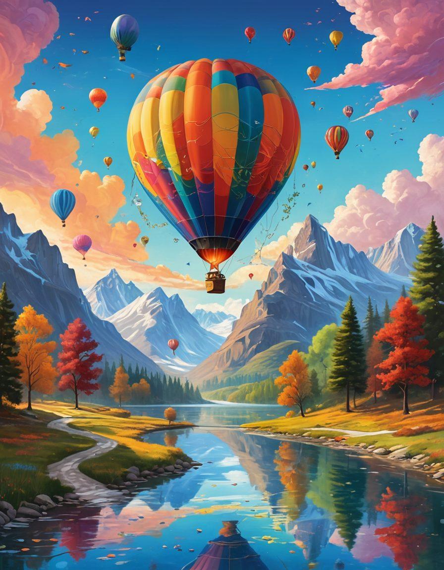 A whimsical landscape depicting a winding road leading through various blogging-related scenery: a towering mountain made of books, a colorful hot air balloon labeled 'Ideas', and a serene lake reflecting vibrant brainstorming notes. The sky is filled with creative elements like lightbulbs and gears, symbolizing inspiration. Capture a sense of adventure and exploration. vibrant colors. illustration.
